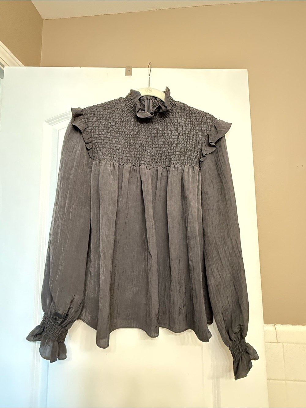 French Connection Black Smocked Ruffle High-Neck Blouse